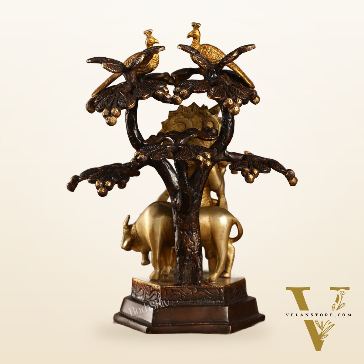 Superfine Brass Lord Krishna with Cow Under Kalpavriksha Tree Idol | Height 11 inch