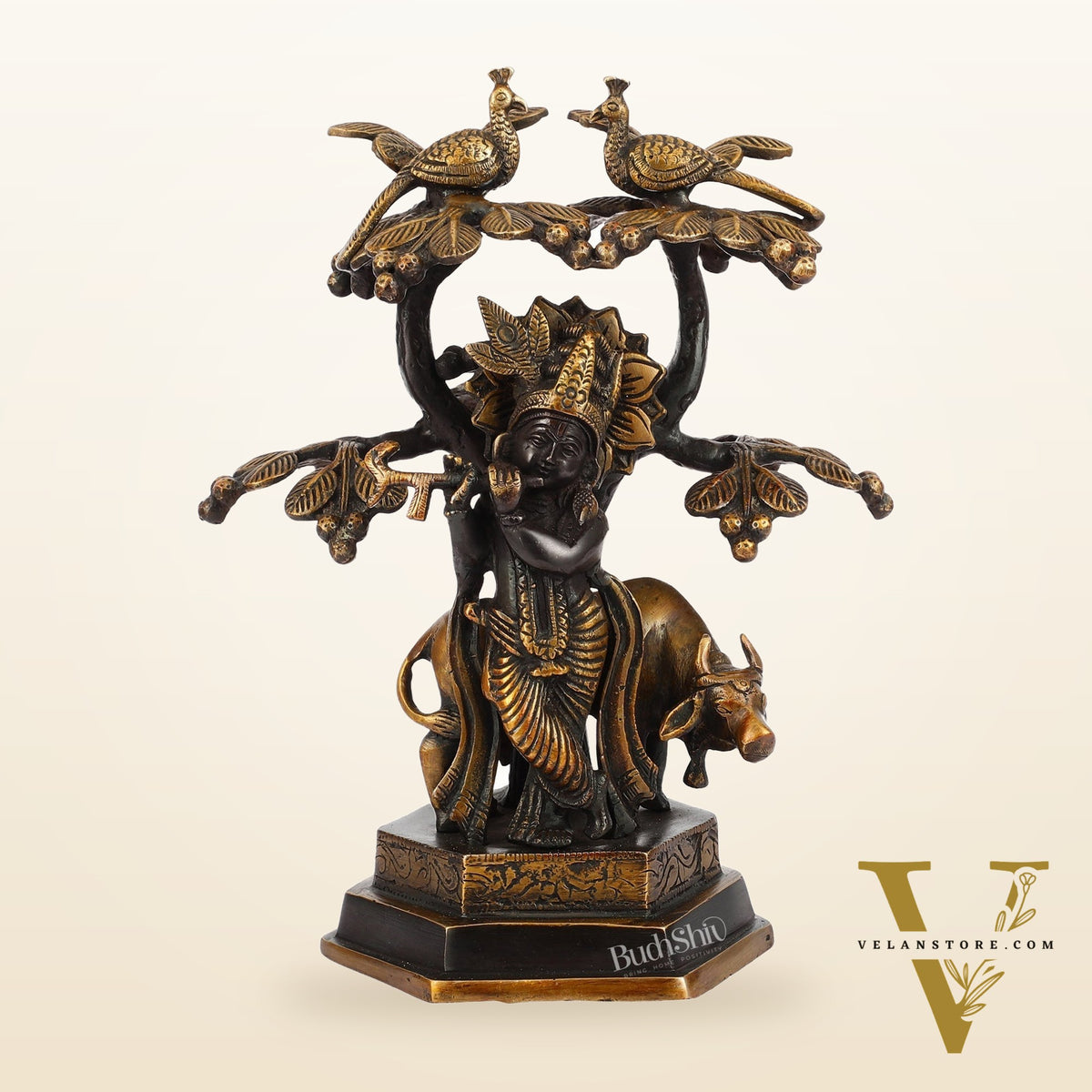 Superfine Brass Lord Krishna with Cow Under Kalpavriksha Tree Idol | Height 11 inch