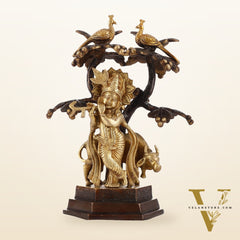 Superfine Brass Lord Krishna with Cow Under Kalpavriksha Tree Idol | Height 11 inch