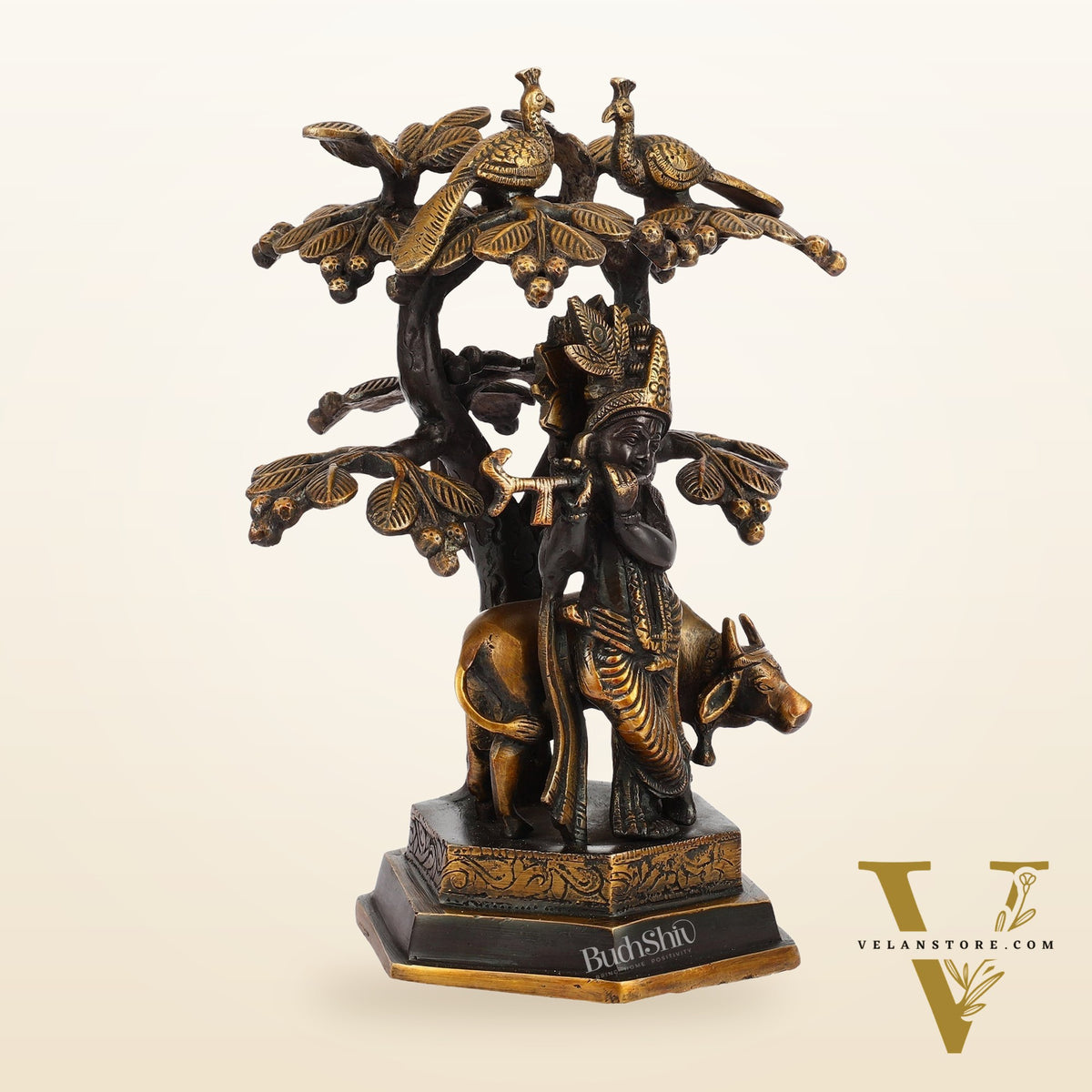 Superfine Brass Lord Krishna with Cow Under Kalpavriksha Tree Idol | Height 11 inch