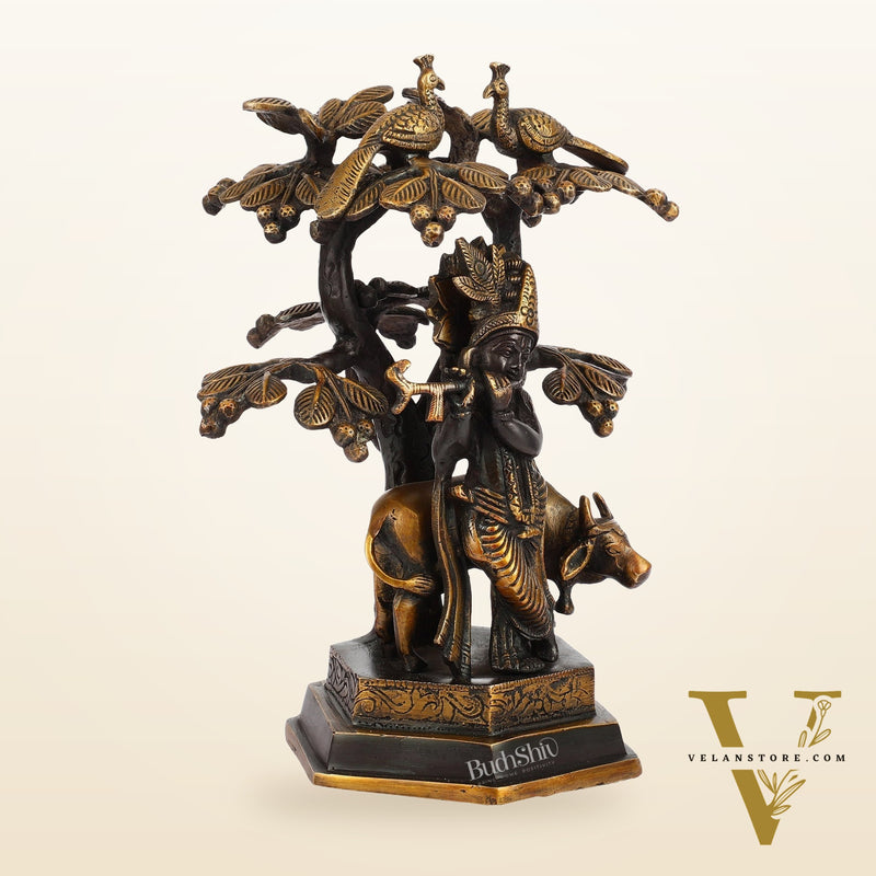 Superfine Brass Lord Krishna with Cow Under Kalpavriksha Tree Idol | Height 11 inch
