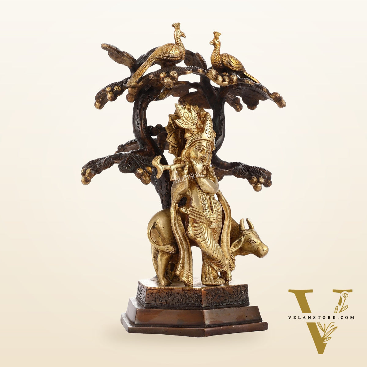 Superfine Brass Lord Krishna with Cow Under Kalpavriksha Tree Idol | Height 11 inch