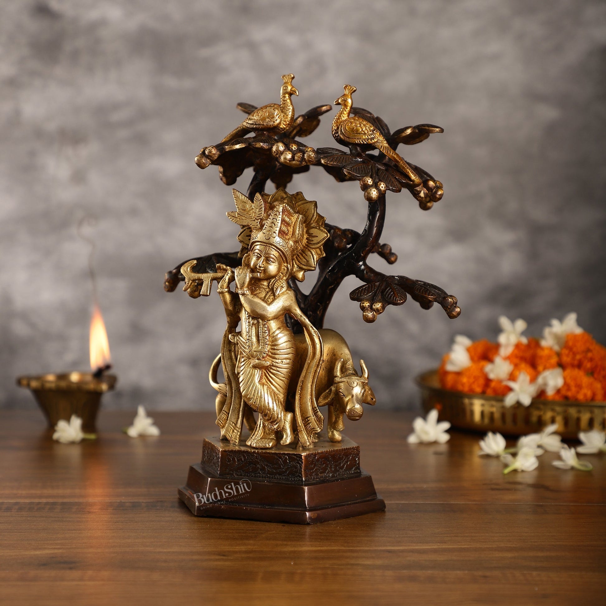 Superfine Brass Lord Krishna with Cow Under Kalpavriksha Tree Idol | Height 11 inch