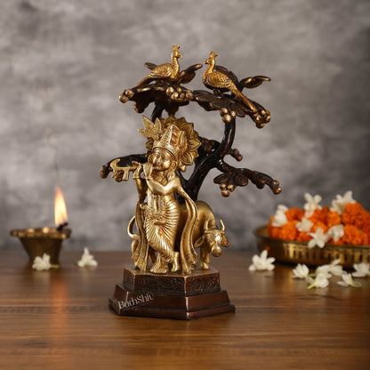 Superfine Brass Lord Krishna with Cow Under Kalpavriksha Tree Idol | Height 11 inch