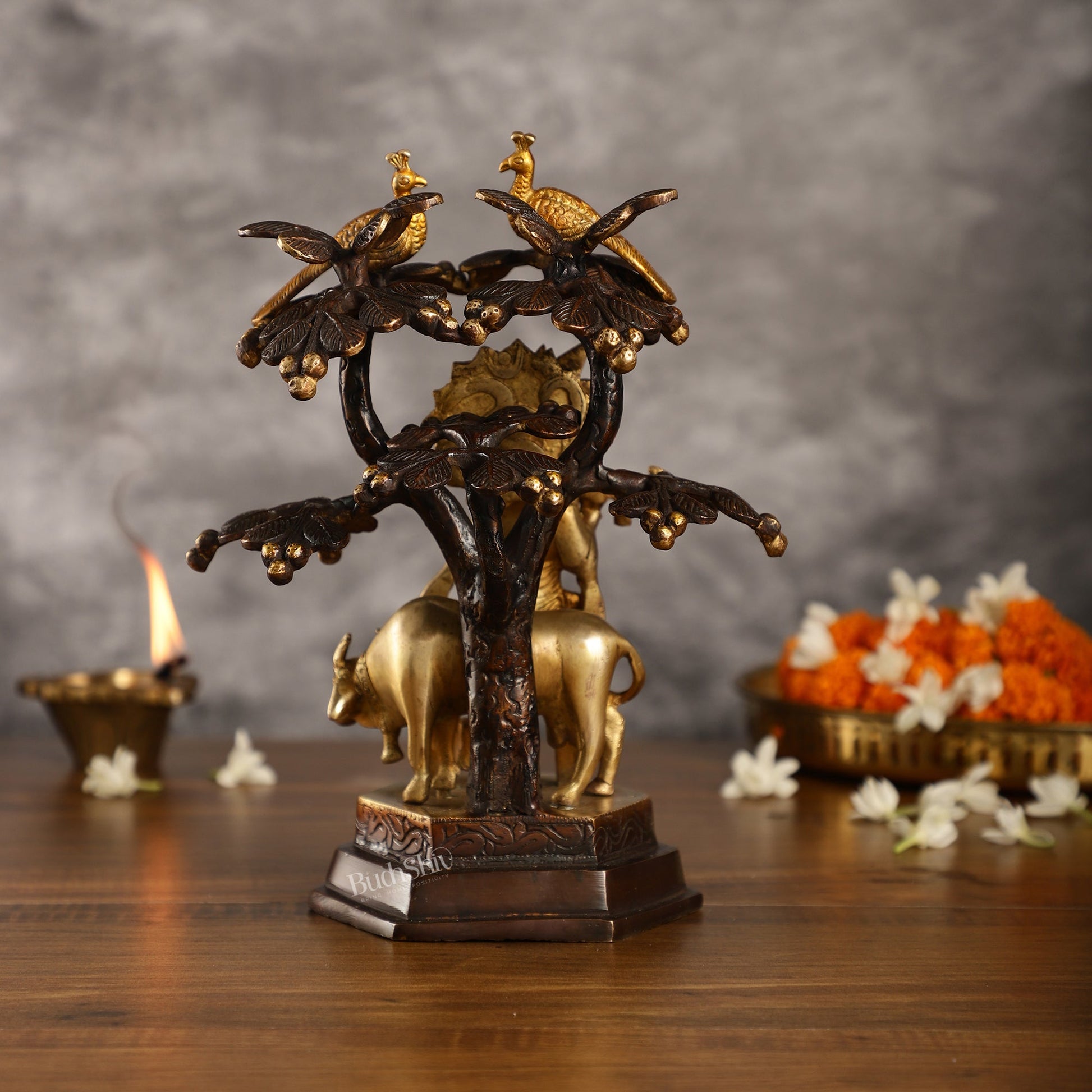 Superfine Brass Lord Krishna with Cow Under Kalpavriksha Tree Idol | Height 11 inch