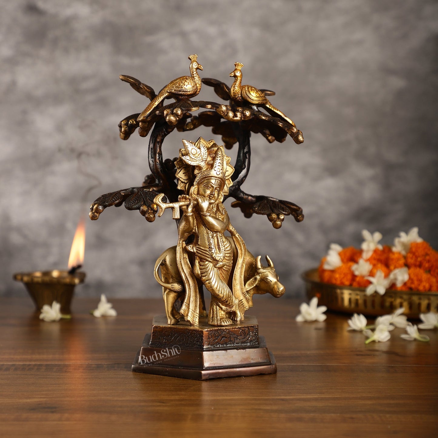 Superfine Brass Lord Krishna with Cow Under Kalpavriksha Tree Idol | Height 11 inch