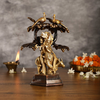 Superfine Brass Lord Krishna with Cow Under Kalpavriksha Tree Idol | Height 11 inch