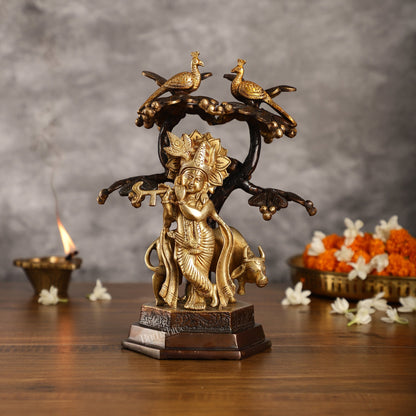 Superfine Brass Lord Krishna with Cow Under Kalpavriksha Tree Idol | Height 11 inch