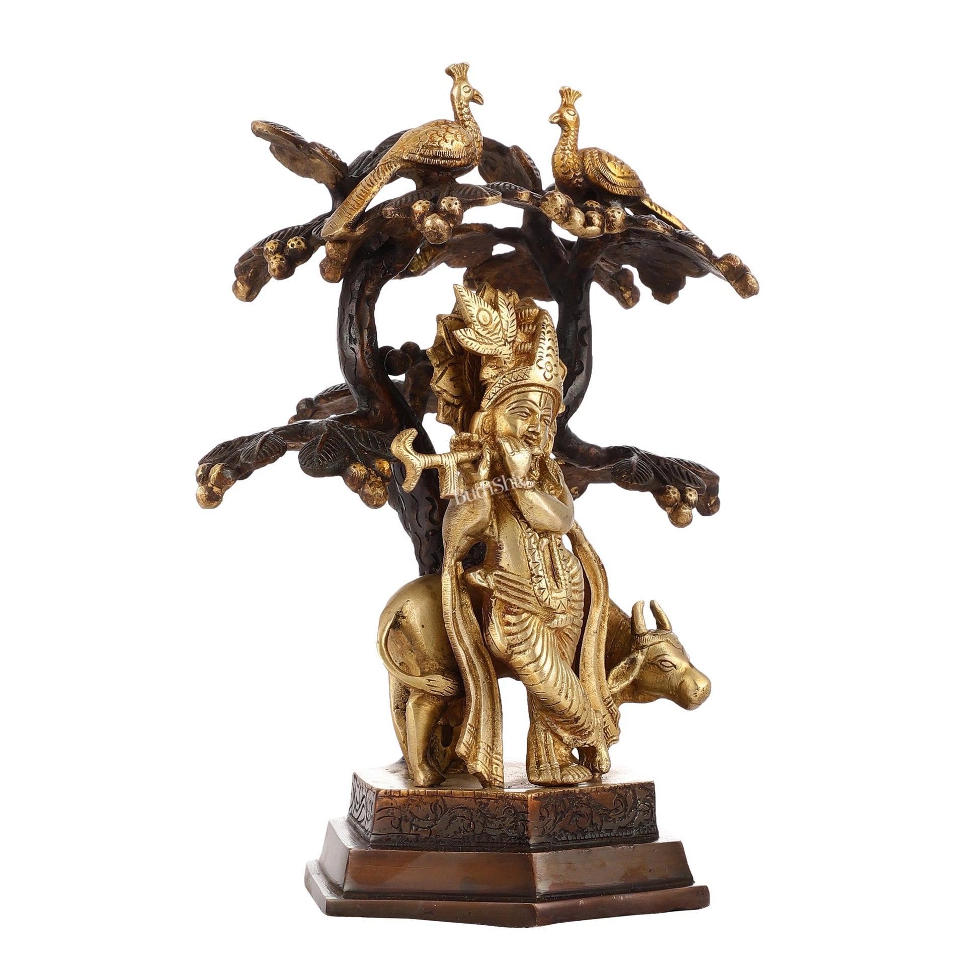 Superfine Brass Lord Krishna with Cow Under Kalpavriksha Tree Idol | Height 11 inch