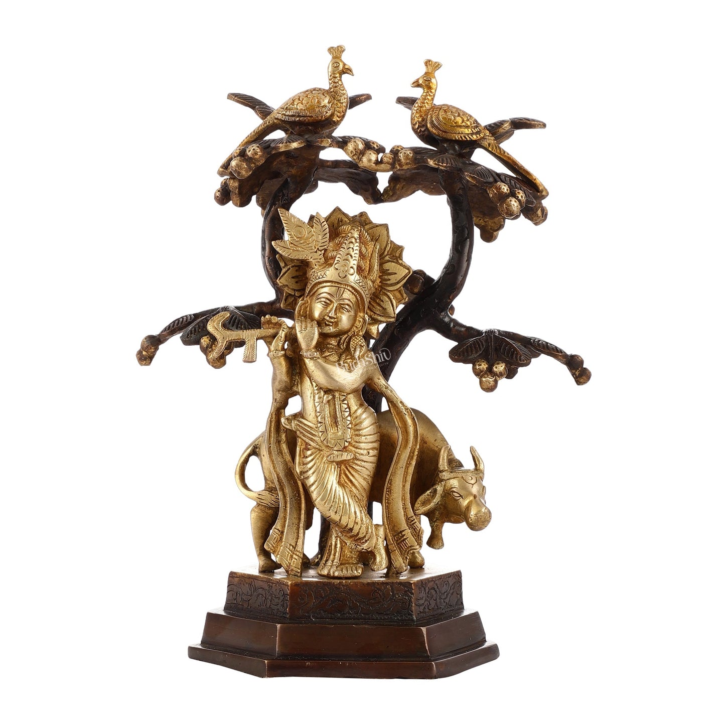 Superfine Brass Lord Krishna with Cow Under Kalpavriksha Tree Idol | Height 11 inch