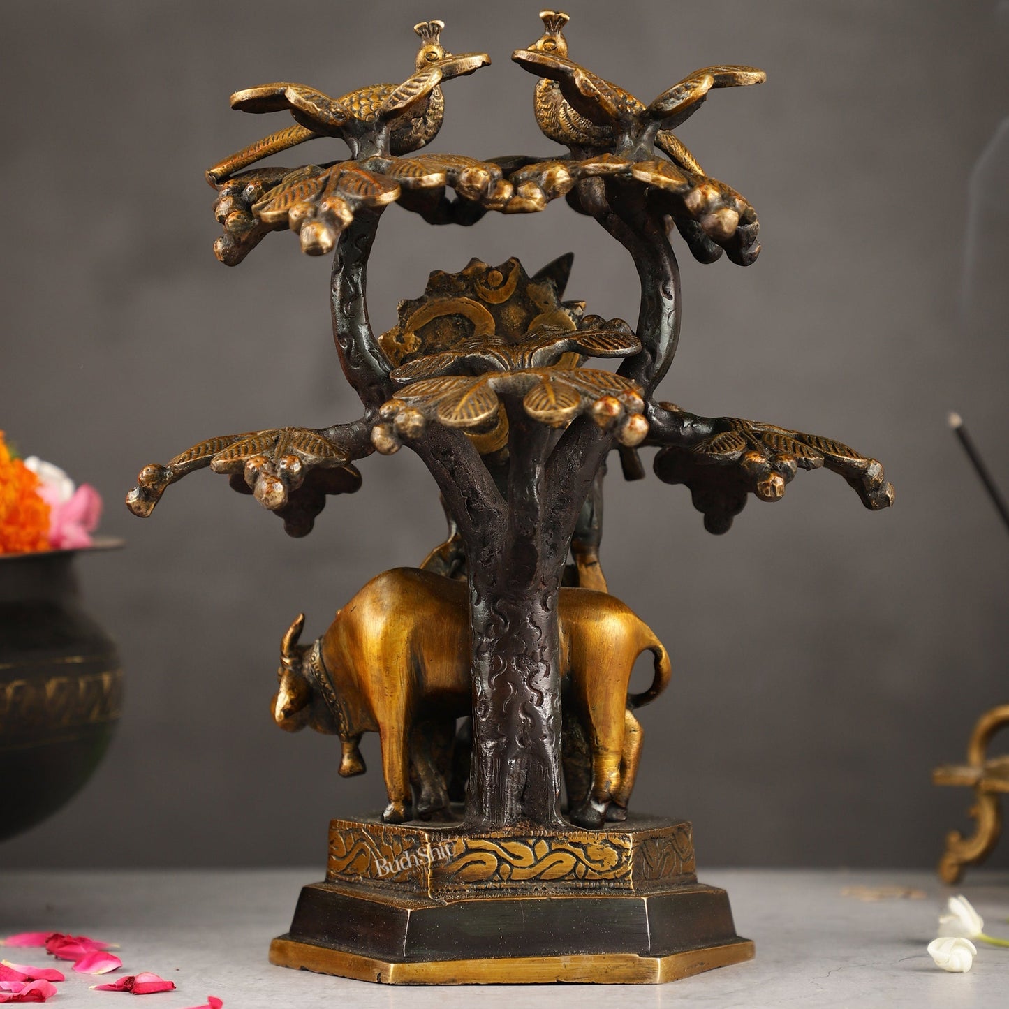 Superfine Brass Lord Krishna with Cow Under Kalpavriksha Tree Idol | Height 11 inch