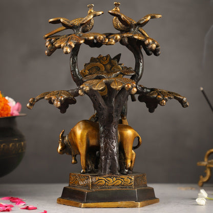 Superfine Brass Lord Krishna with Cow Under Kalpavriksha Tree Idol | Height 11 inch
