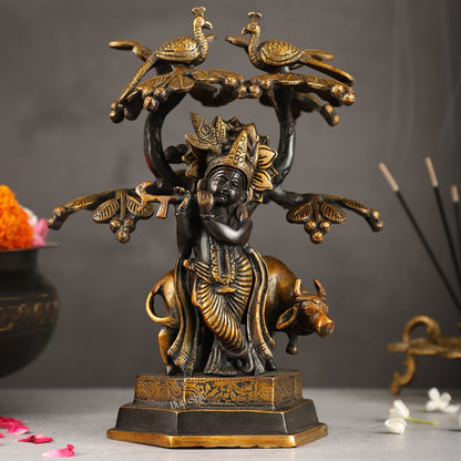 Superfine Brass Lord Krishna with Cow Under Kalpavriksha Tree Idol | Height 11 inch