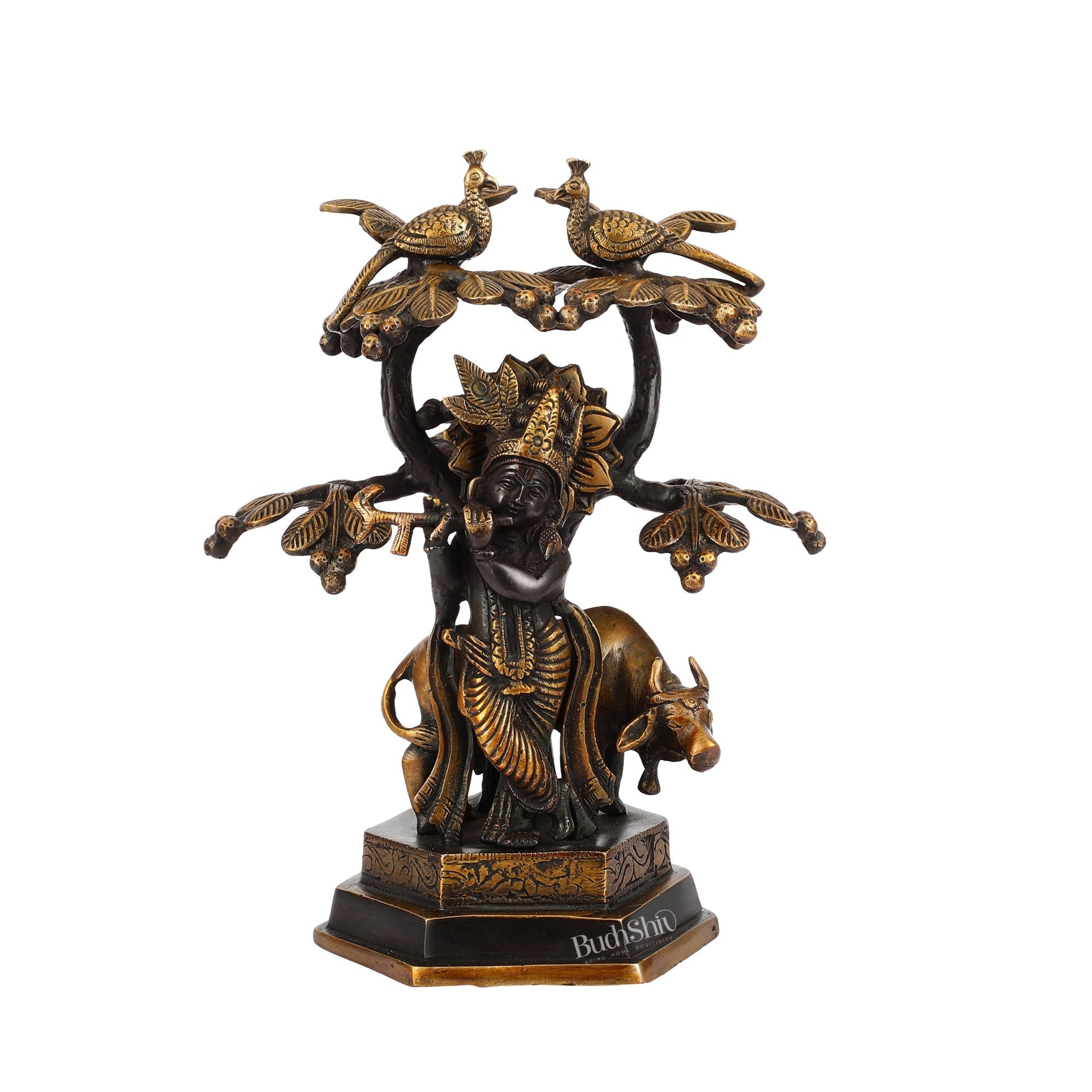 Superfine Brass Lord Krishna with Cow Under Kalpavriksha Tree Idol | Height 11 inch