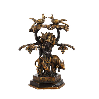 Superfine Brass Lord Krishna with Cow Under Kalpavriksha Tree Idol | Height 11 inch