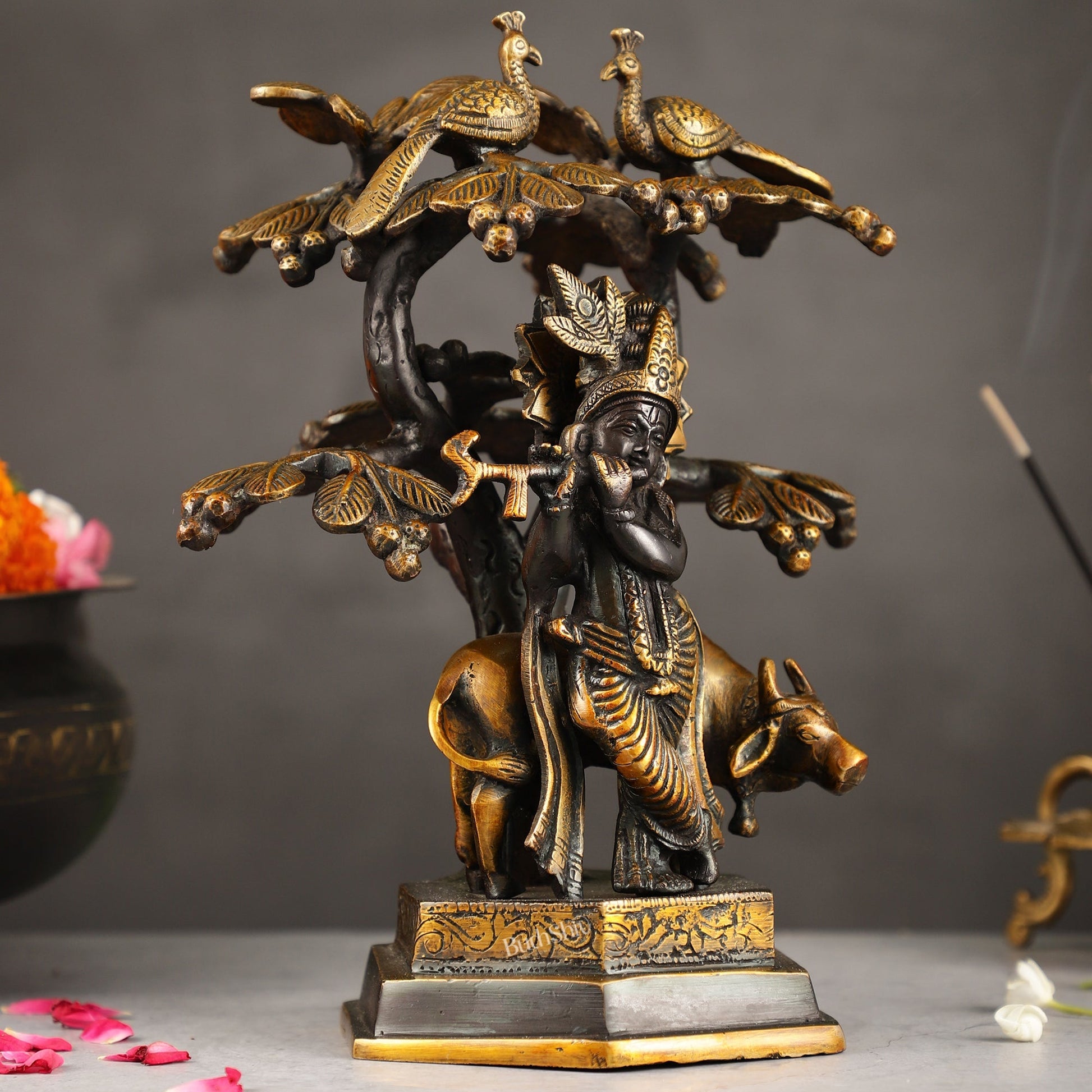 Superfine Brass Lord Krishna with Cow Under Kalpavriksha Tree Idol | Height 11 inch