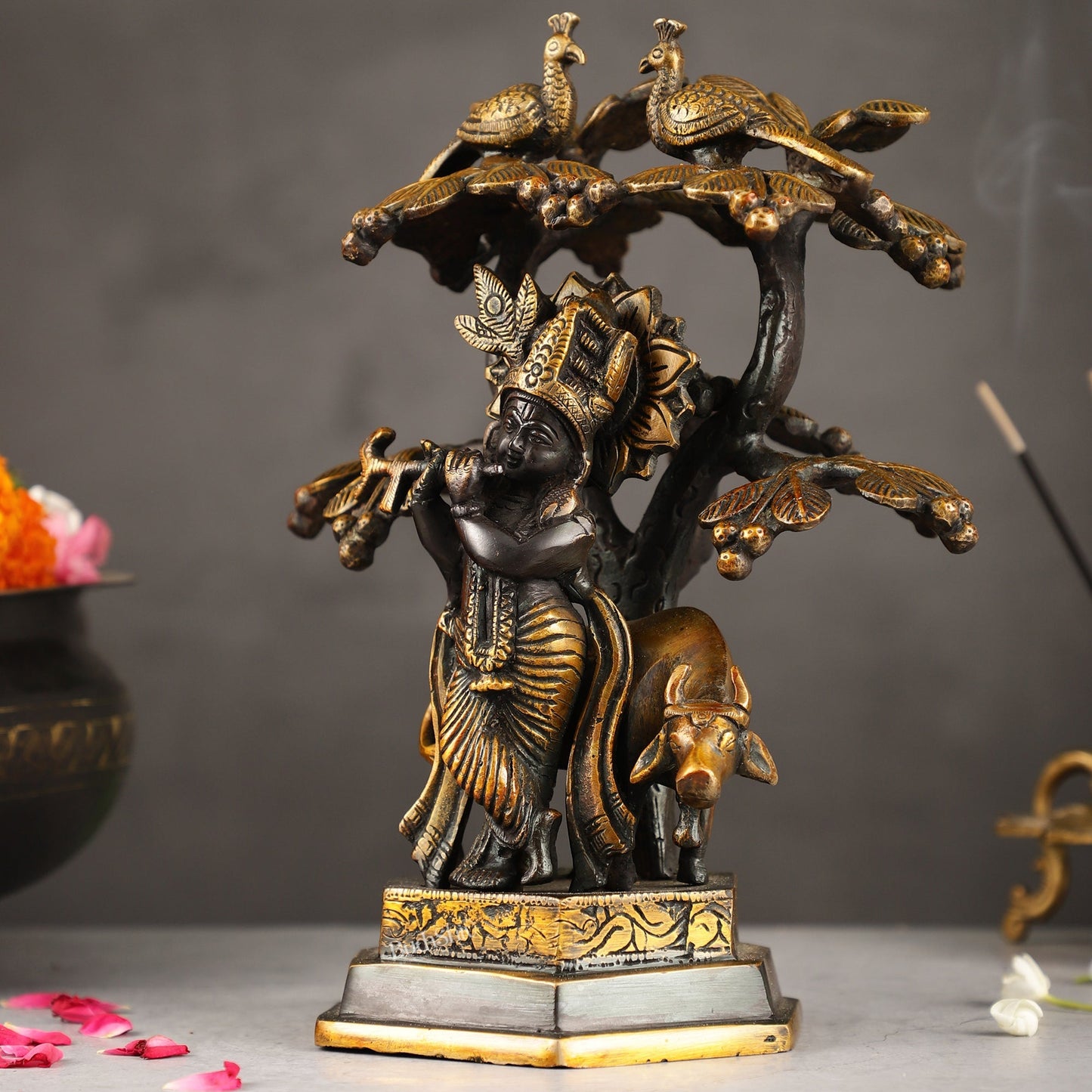 Superfine Brass Lord Krishna with Cow Under Kalpavriksha Tree Idol | Height 11 inch
