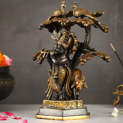 Superfine Brass Lord Krishna with Cow Under Kalpavriksha Tree Idol | Height 11 inch