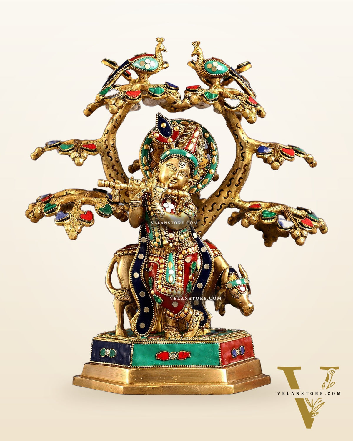 Superfine Brass Lord Krishna with Cow under Tree Statue with Stonework - 13 inch