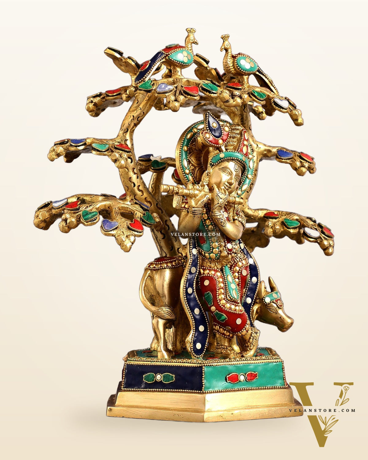 Superfine Brass Lord Krishna with Cow under Tree Statue with Stonework - 13 inch