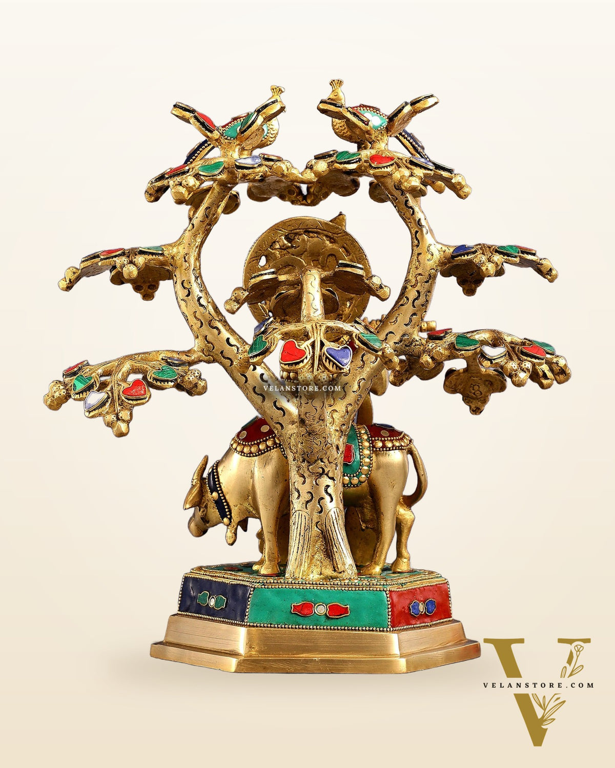 Superfine Brass Lord Krishna with Cow under Tree Statue with Stonework - 13 inch