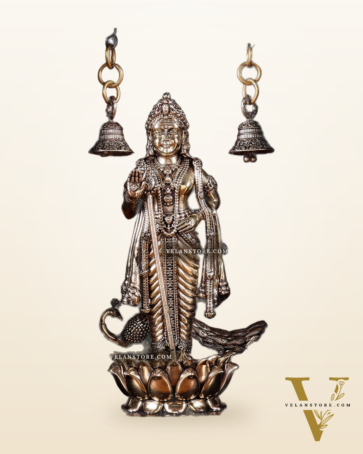 Superfine Brass Lord Murugan on Lotus with Hanging Bells – 11 Inch