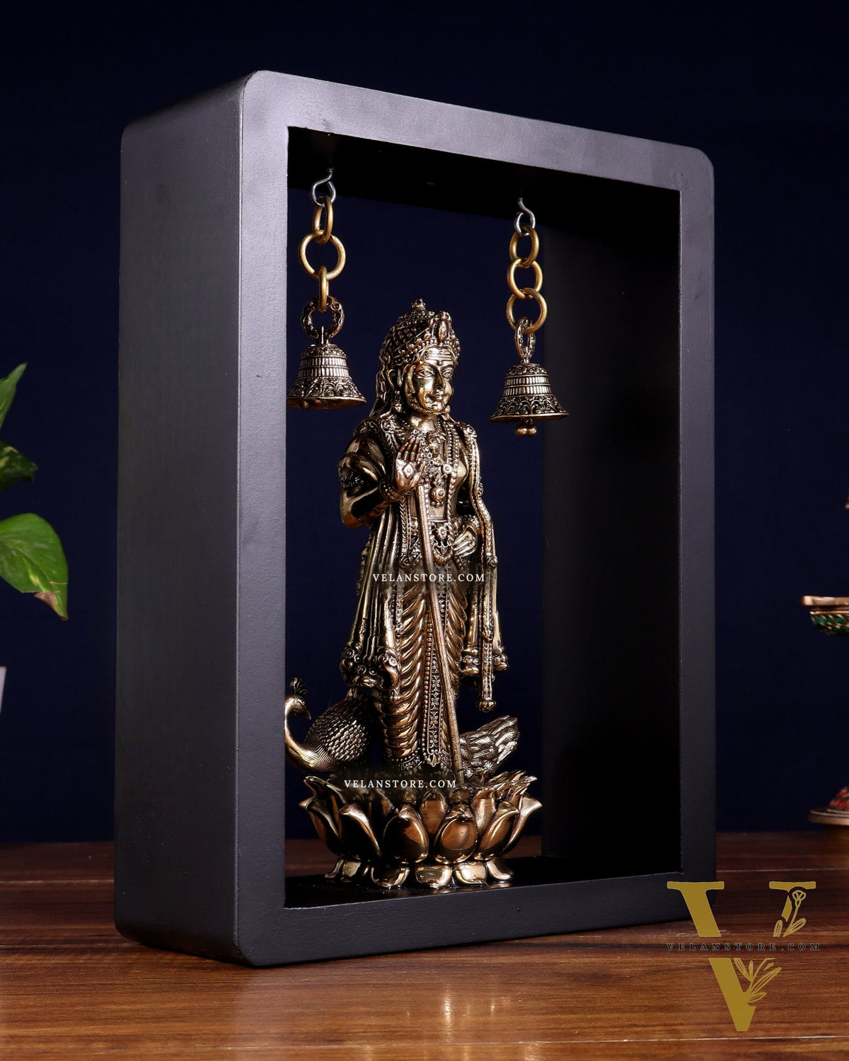 Superfine Brass Lord Murugan on Lotus with Hanging Bells – 11 Inch
