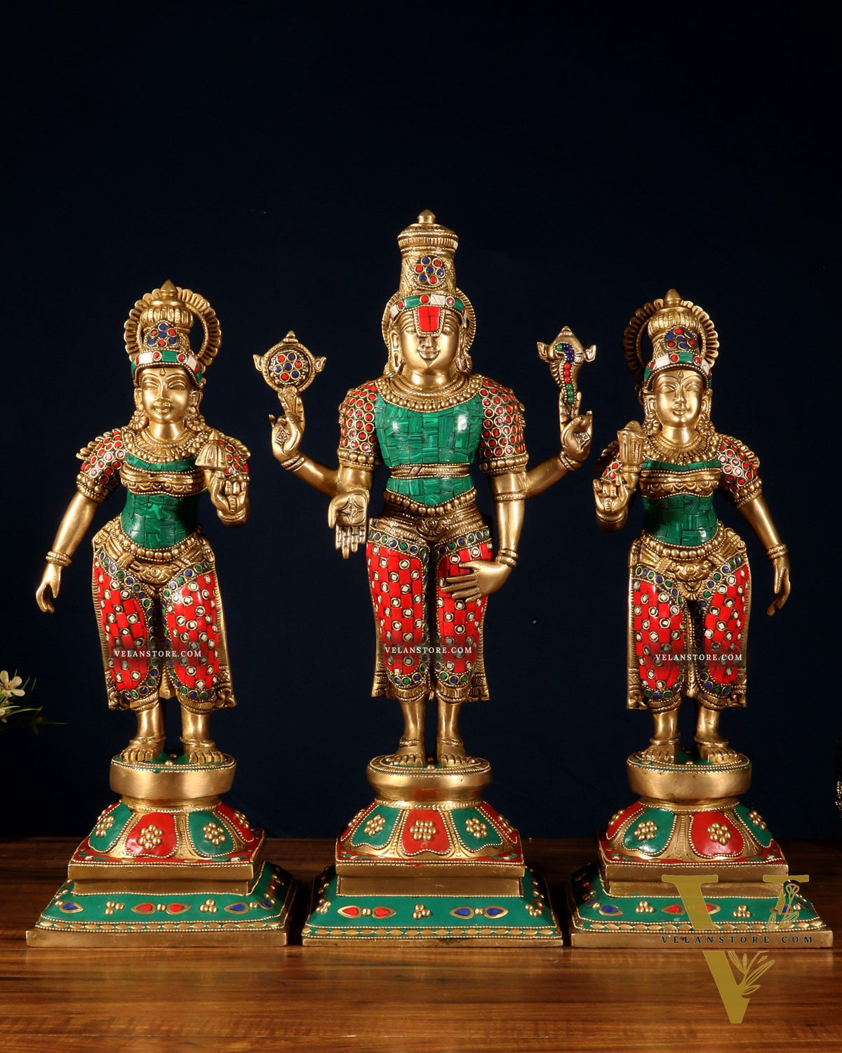Superfine Brass Lord Tirupati Balaji with Bhudevi and Shreedevi Idol Set - 18.5" meenakari