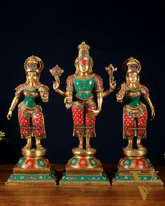 Superfine Brass Lord Tirupati Balaji with Bhudevi and Shreedevi Idol Set - 18.5" meenakari