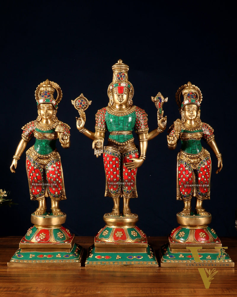 Superfine Brass Lord Tirupati Balaji with Bhudevi and Shreedevi Idol Set - 18.5" meenakari