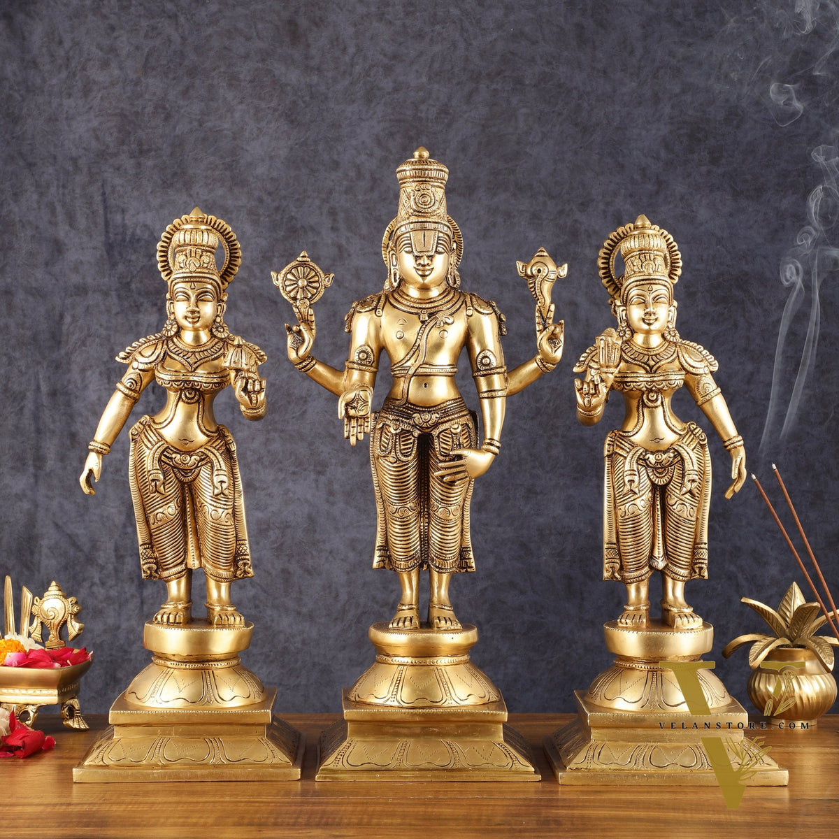Superfine Brass Lord Tirupati Balaji with Bhudevi and Shreedevi Idol Set - 18.5"