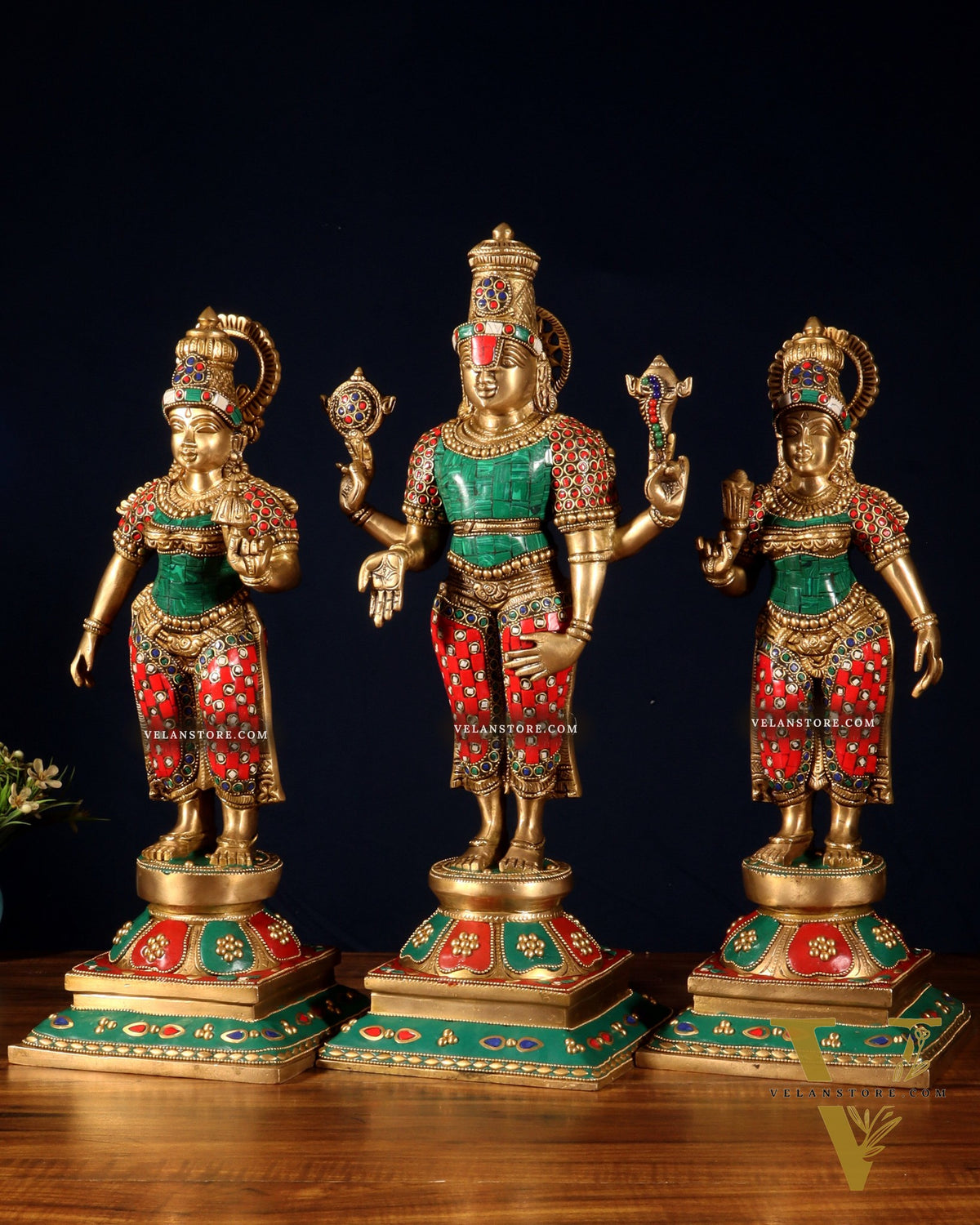 Superfine Brass Lord Tirupati Balaji with Bhudevi and Shreedevi Idol Set - 18.5" meenakari