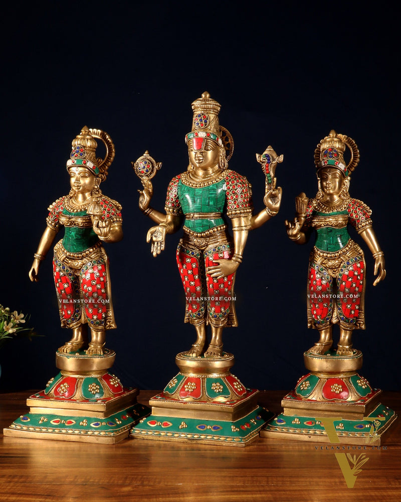 Superfine Brass Lord Tirupati Balaji with Bhudevi and Shreedevi Idol Set - 18.5" meenakari