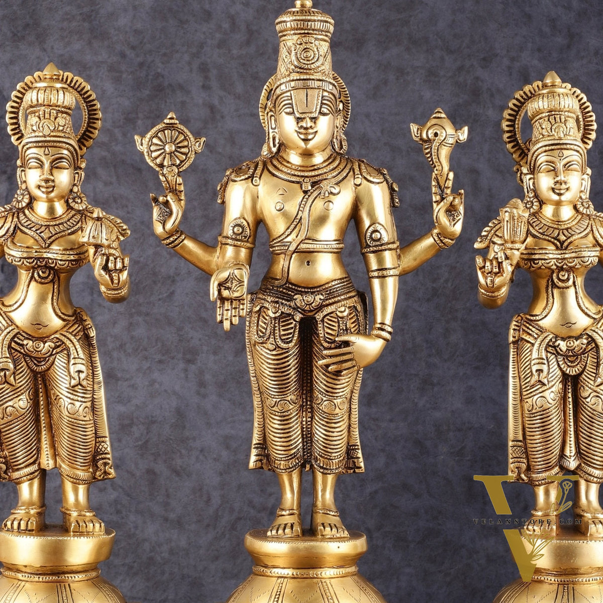 Superfine Brass Lord Tirupati Balaji with Bhudevi and Shreedevi Idol Set - 18.5"