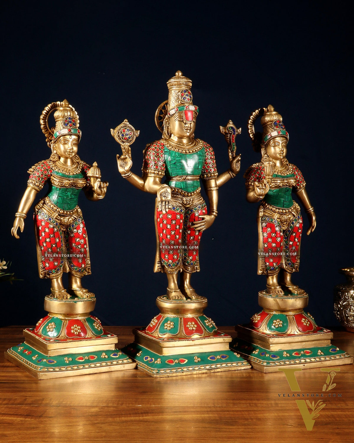 Superfine Brass Lord Tirupati Balaji with Bhudevi and Shreedevi Idol Set - 18.5" meenakari
