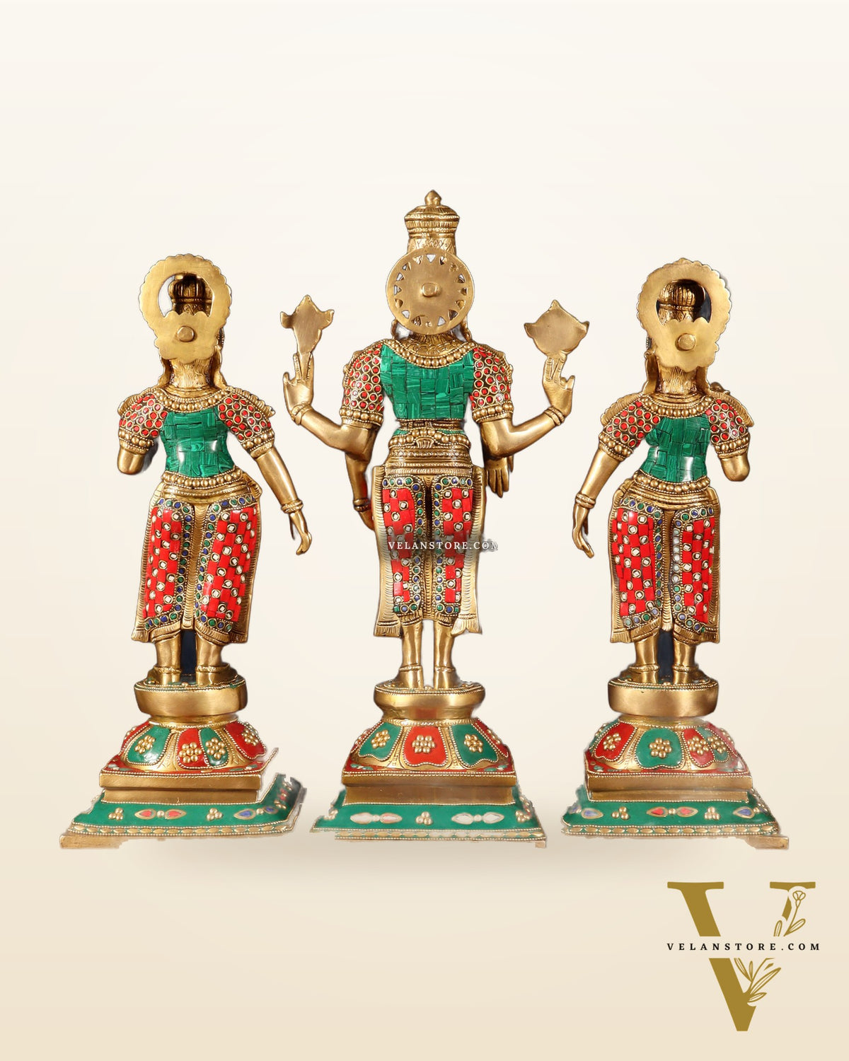 Superfine Brass Lord Tirupati Balaji with Bhudevi and Shreedevi Idol Set - 18.5" meenakari