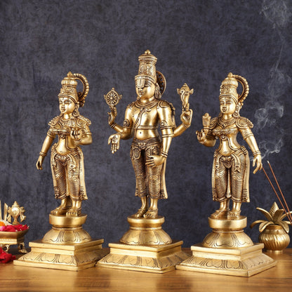 Superfine Brass Lord Tirupati Balaji with Bhudevi and Shreedevi Idol Set - 18.5"