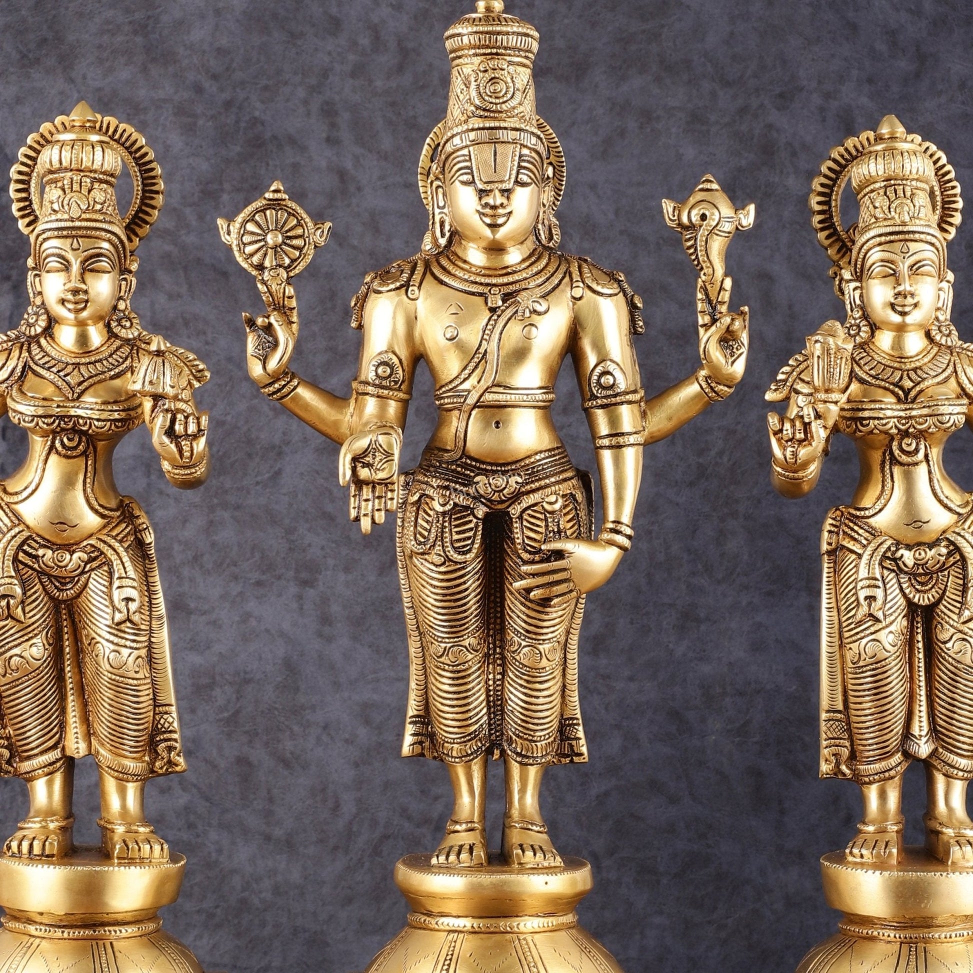 Superfine Brass Lord Tirupati Balaji with Bhudevi and Shreedevi Idol Set - 18.5"