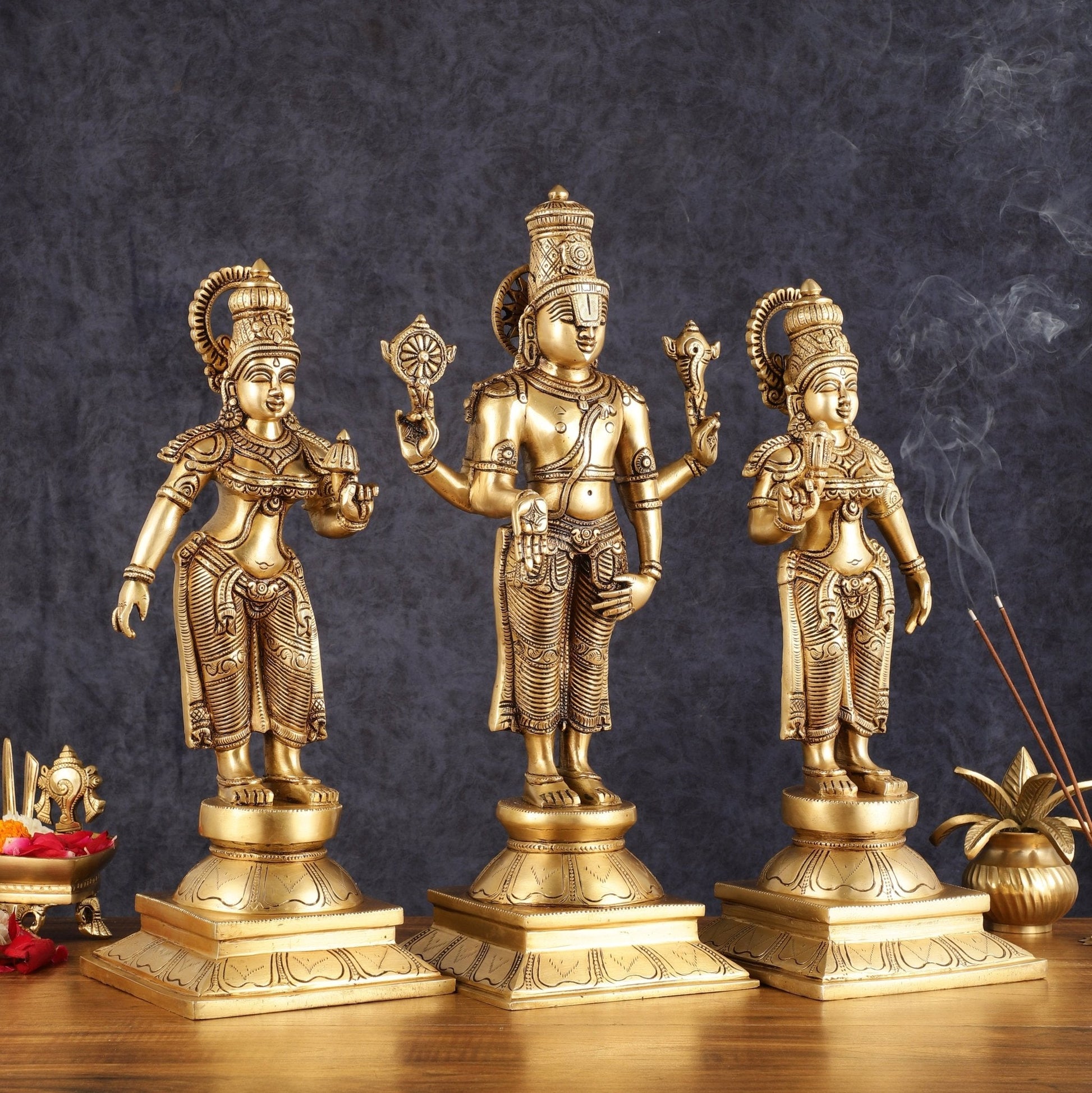 Superfine Brass Lord Tirupati Balaji with Bhudevi and Shreedevi Idol Set - 18.5"