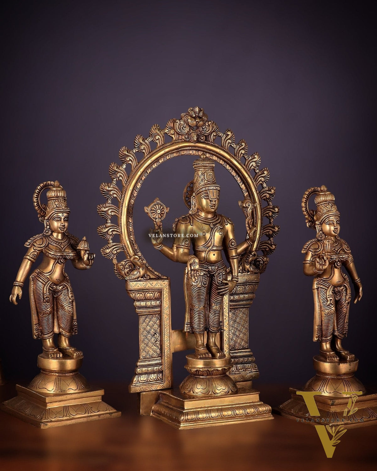 Superfine Brass Lord Tirupati Balaji with Bhudevi and Shridevi Idol Set - 23"