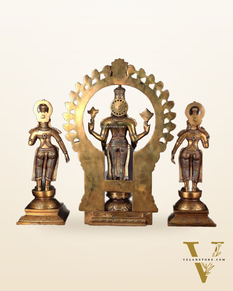 Superfine Brass Lord Tirupati Balaji with Bhudevi and Shridevi Idol Set - 23"