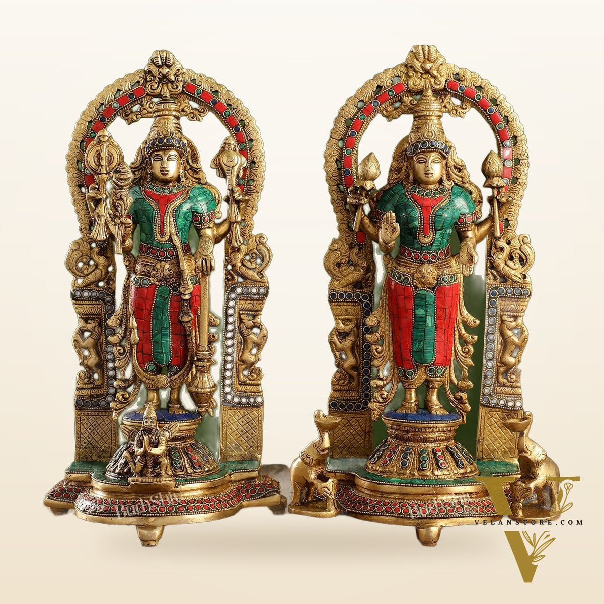 Superfine Brass Lord Vishnu & Goddess Lakshmi Idol Pair with Stonework | 16 inch