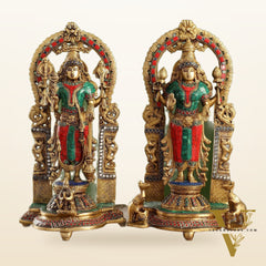 Superfine Brass Lord Vishnu & Goddess Lakshmi Idol Pair with Stonework | 16 inch