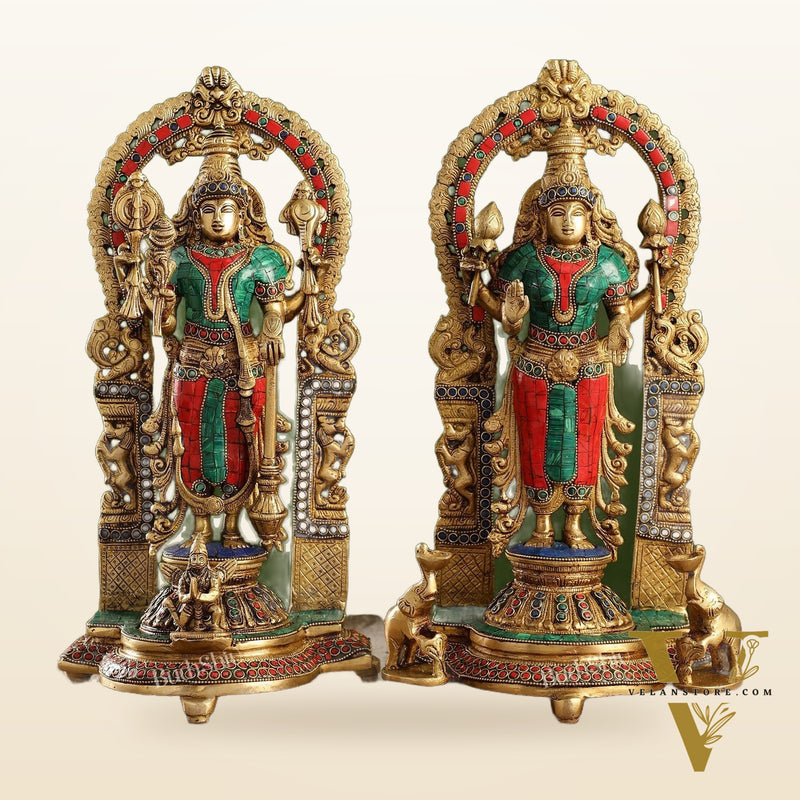 Superfine Brass Lord Vishnu & Goddess Lakshmi Idol Pair with Stonework | 16 inch