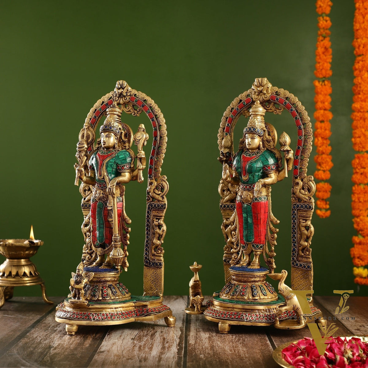 Superfine Brass Lord Vishnu & Goddess Lakshmi Idol Pair with Stonework | 16 inch