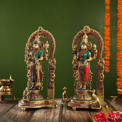 Superfine Brass Lord Vishnu & Goddess Lakshmi Idol Pair with Stonework | 16 inch