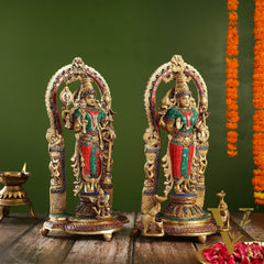Superfine Brass Lord Vishnu & Goddess Lakshmi Idol Pair with Stonework | 16 inch