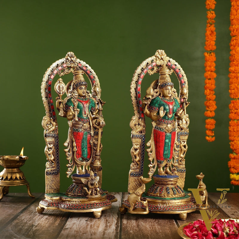 Superfine Brass Lord Vishnu & Goddess Lakshmi Idol Pair with Stonework | 16 inch