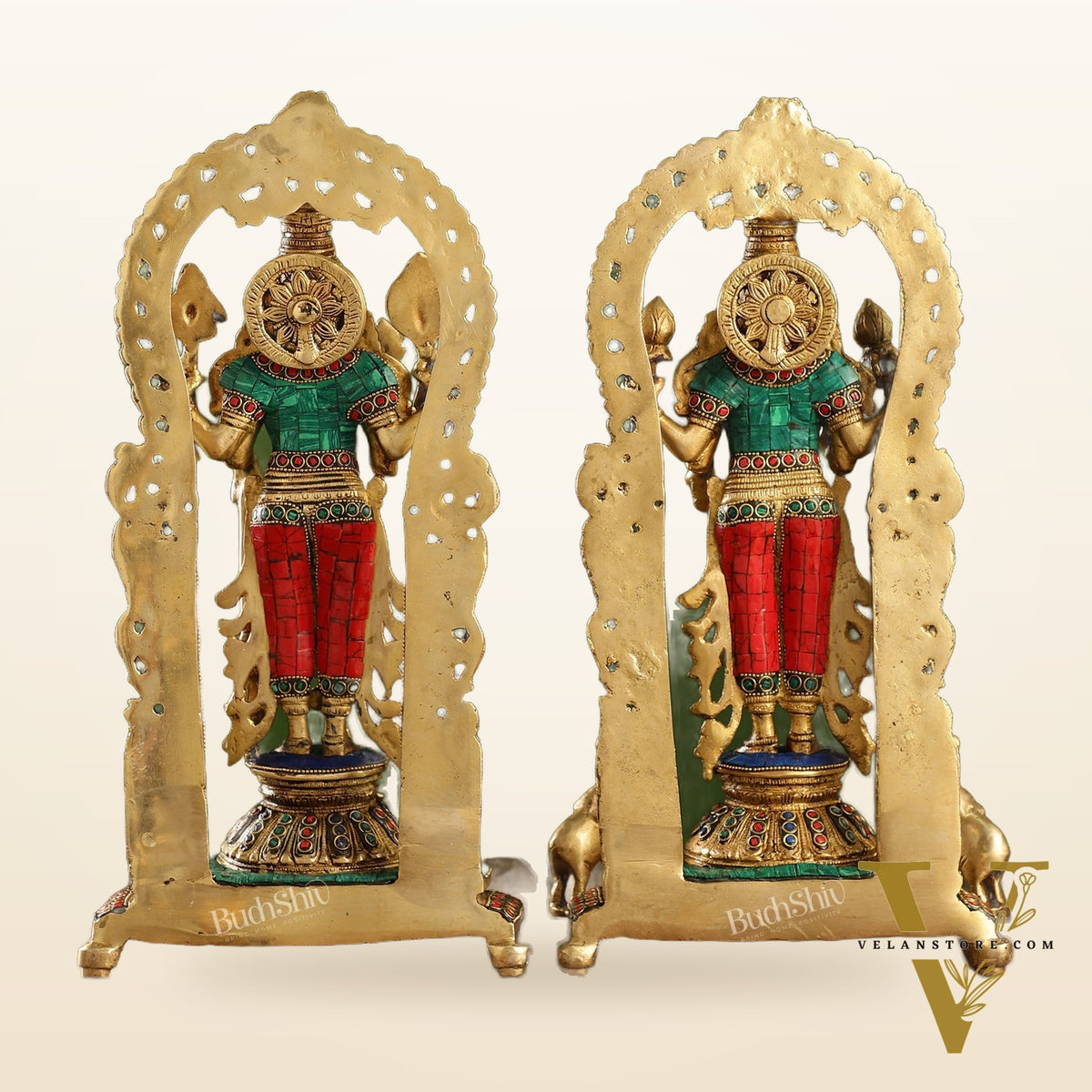 Superfine Brass Lord Vishnu & Goddess Lakshmi Idol Pair with Stonework | 16 inch