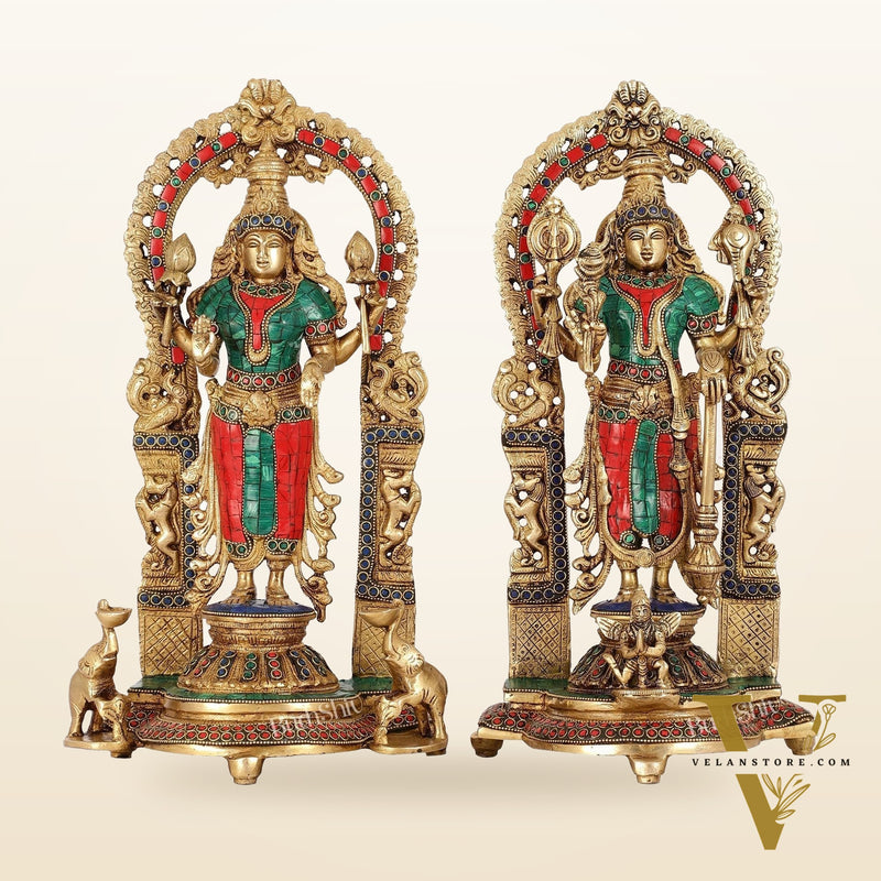 Superfine Brass Lord Vishnu & Goddess Lakshmi Idol Pair with Stonework | 16 inch